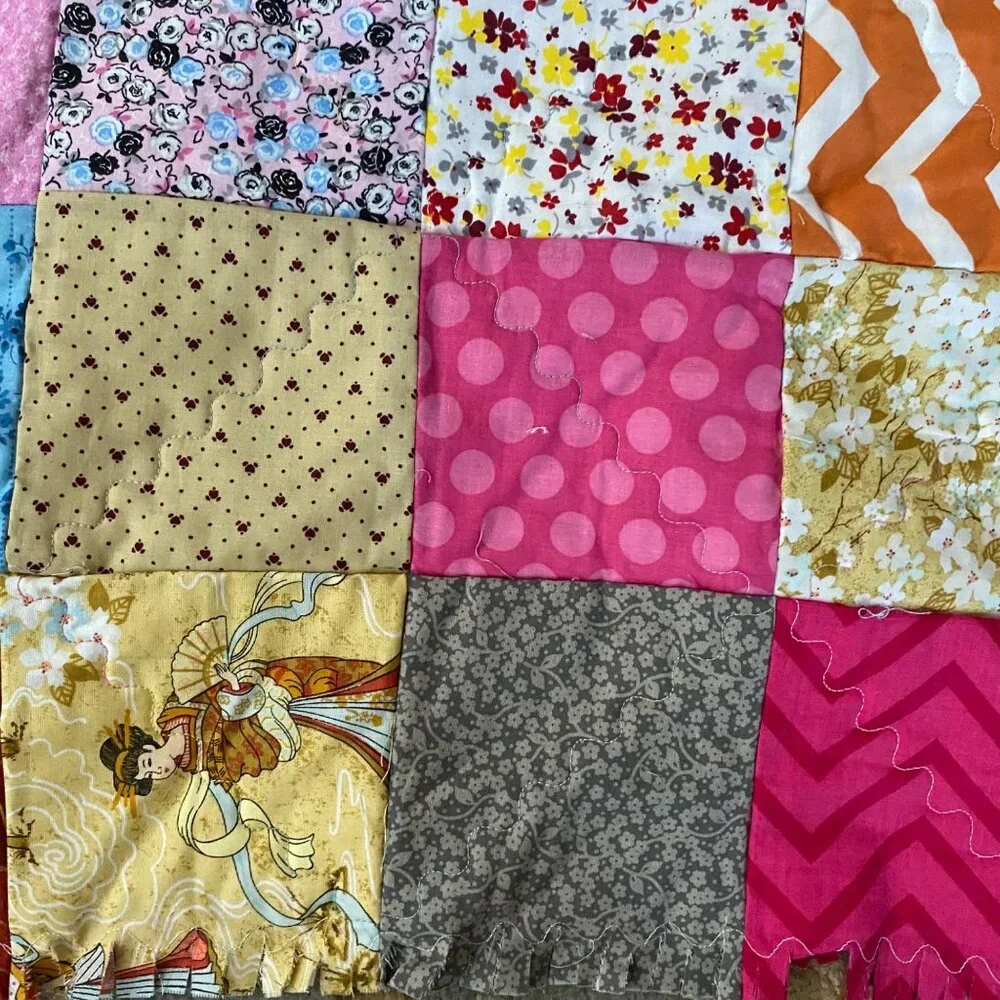 Handmade Patchwork Rag Quilt Multicolor Cross Design Shaggy Cotton Blanket 51x60